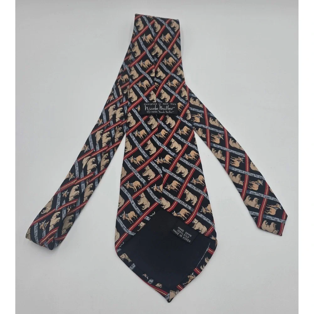 Nicole Miller 1993 Vintage Silk Tie Stock Market Bulls Bears Ticker Tape Black